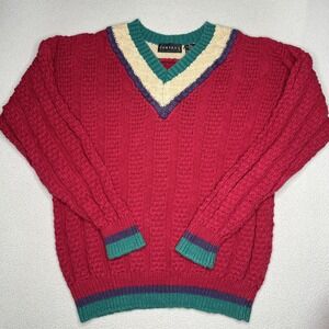 Vtg Context Sweater Womens Sz L Pink V Neck Cable Knit Ramie Cotton Preppy 90s